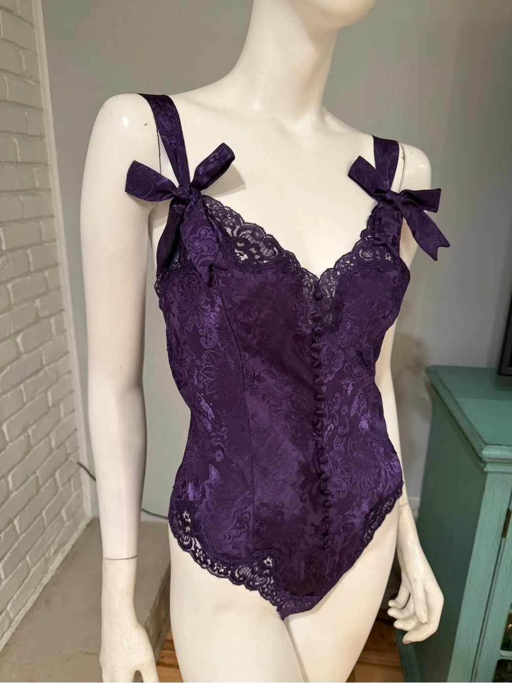 Vintage Victoria’s Secret Gold Label Purple Satin Jacquard Lace Teddy Bodysuit